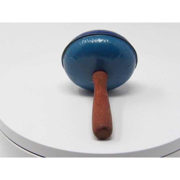 Vintage Blue Metal Noisemaker Rattle Featuring Girls Jumping Rope & Wooden Handl - Picture 5 of 8